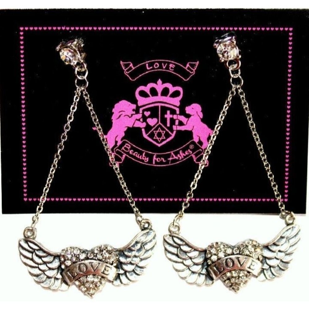 Heart Angel Wings Love Dangle Crystal Silvertone Earrings - New w/Tags